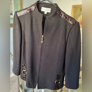 ST JOHN 2-piece suit; skirt and jacket; dark brown with leather trim